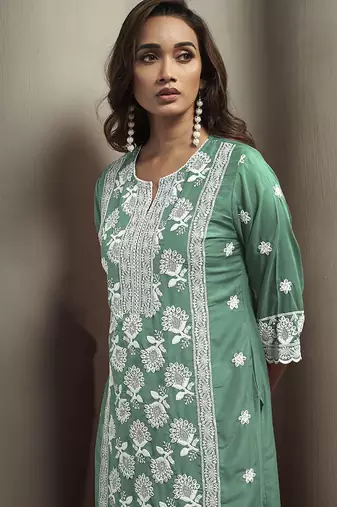 Pista green embroidered chinnon straight