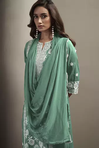 Pista green embroidered chinnon straight