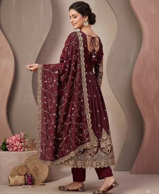 Maroon colour embroidered georgette anarkali suit set with dupatta & pant 2