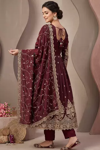 Maroon colour embroidered georgette anarkali suit set with dupatta & pant