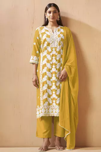 Yellow embroidered schiffly cotton blend straight