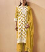 Yellow embroidered schiffly cotton blend straight