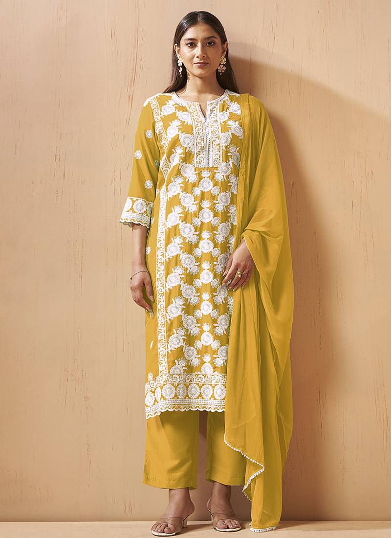 Yellow embroidered schiffly cotton blend straight