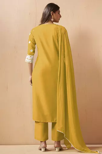 Yellow embroidered schiffly cotton blend straight