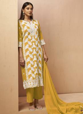 Yellow embroidered schiffly cotton blend straight 3