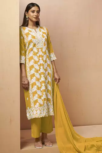 Yellow embroidered schiffly cotton blend straight