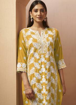 Yellow embroidered schiffly cotton blend straight 4