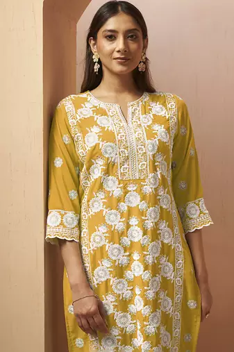 Yellow embroidered schiffly cotton blend straight