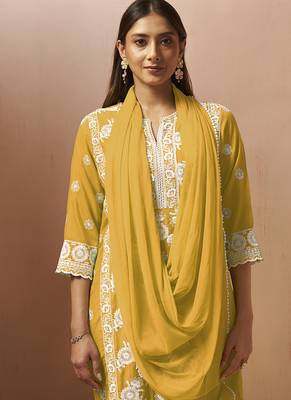 Yellow embroidered schiffly cotton blend straight 5