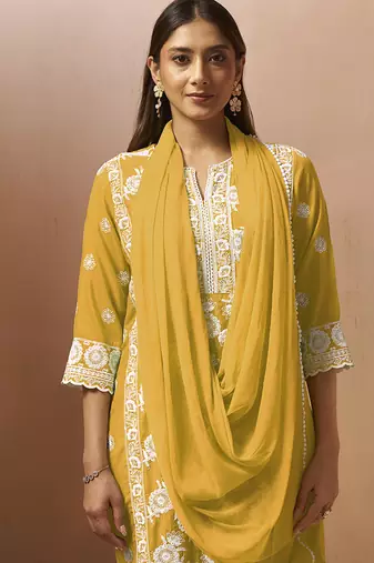 Yellow embroidered schiffly cotton blend straight
