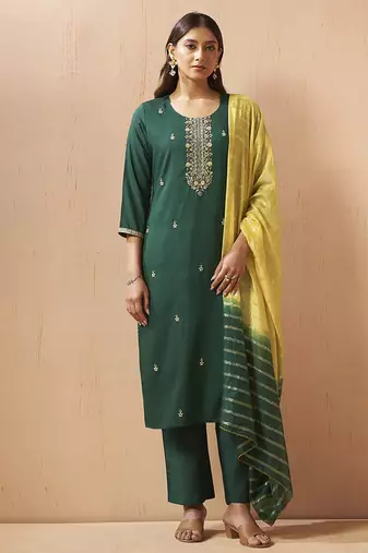 Green embroidered schiffly cotton blend straight