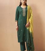 Green embroidered schiffly cotton blend straight