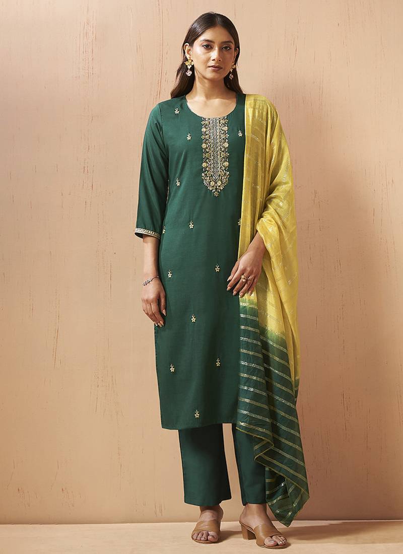 Green embroidered schiffly cotton blend straight