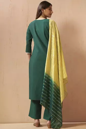 Green embroidered schiffly cotton blend straight