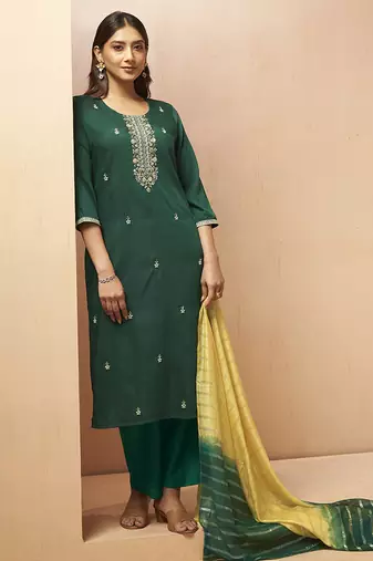 Green embroidered schiffly cotton blend straight