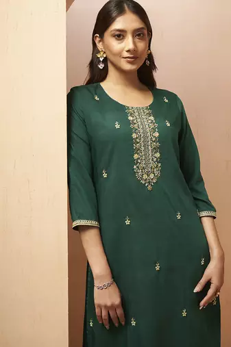 Green embroidered schiffly cotton blend straight