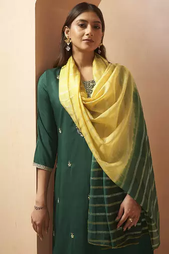 Green embroidered schiffly cotton blend straight