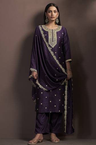 Wine embroidered vichitra silk straight