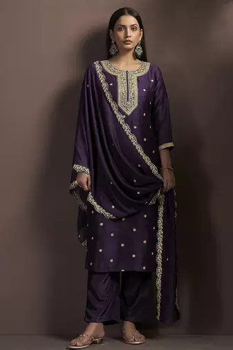 Wine embroidered vichitra silk straight