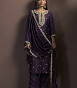 Wine embroidered vichitra silk straight