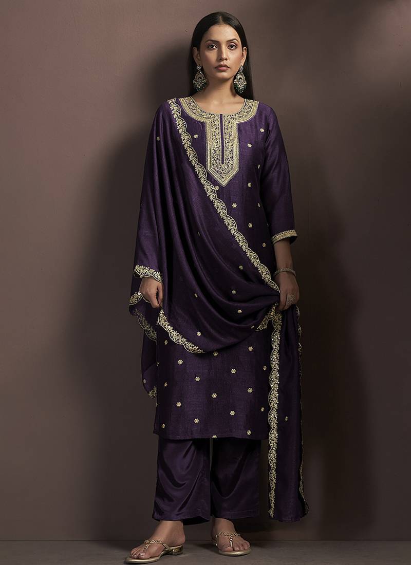 Wine embroidered vichitra silk straight