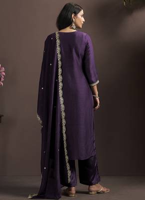 Wine embroidered vichitra silk straight 2