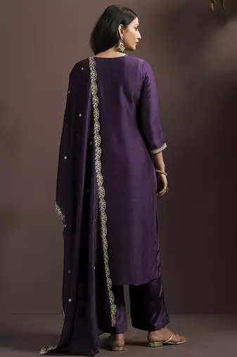 Wine embroidered vichitra silk straight