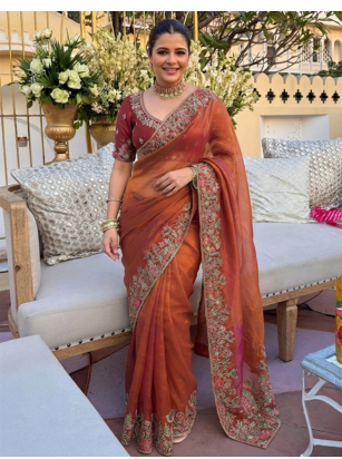 Rust tissue embroidery work saree with work blouse piece 1