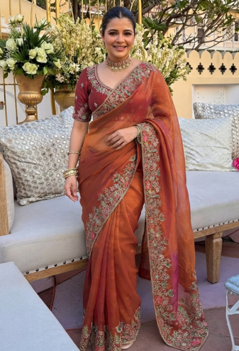 Rust tissue embroidery work saree with work blouse piece