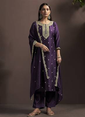 Wine embroidered vichitra silk straight 3