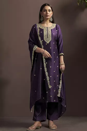 Wine embroidered vichitra silk straight