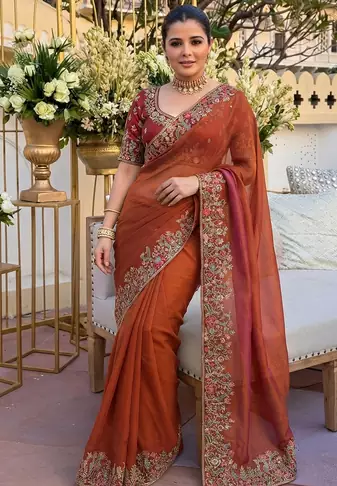 Rust tissue embroidery work saree with work blouse piece