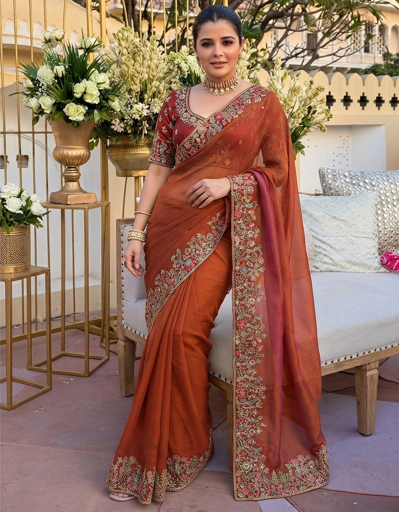 Rust tissue embroidery work saree with work blouse piece
