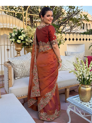 Rust tissue embroidery work saree with work blouse piece 3