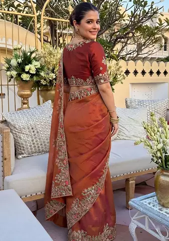 Rust tissue embroidery work saree with work blouse piece