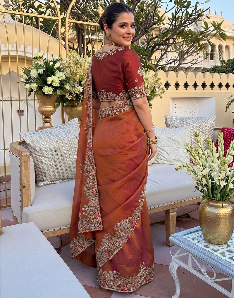 Rust tissue embroidery work saree with work blouse piece