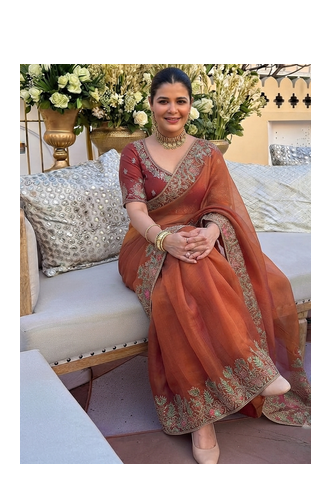 Rust tissue embroidery work saree with work blouse piece 4