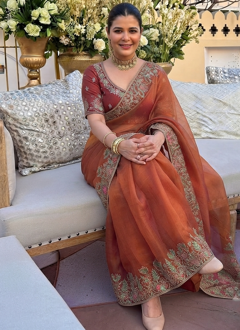 Rust tissue embroidery work saree with work blouse piece