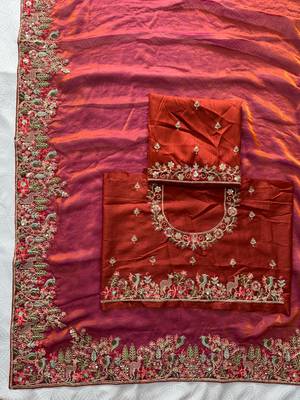 Rust tissue embroidery work saree with work blouse piece 5