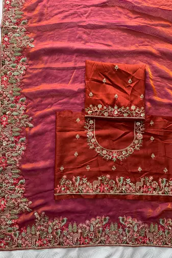 Rust tissue embroidery work saree with work blouse piece