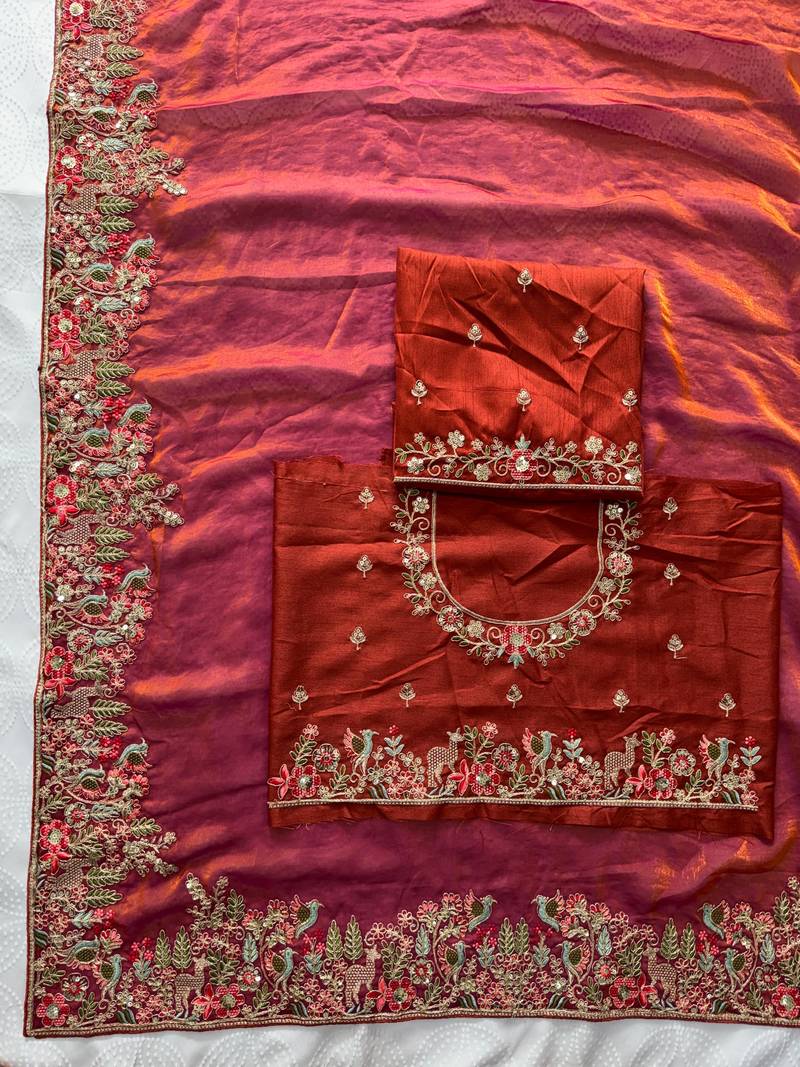 Rust tissue embroidery work saree with work blouse piece