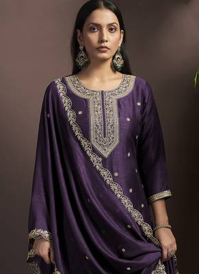 Wine embroidered vichitra silk straight 4