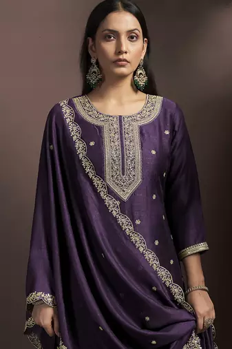 Wine embroidered vichitra silk straight