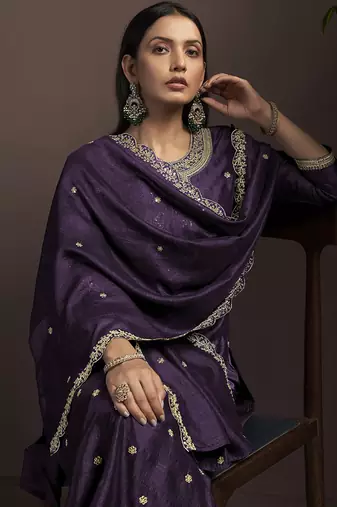 Wine embroidered vichitra silk straight