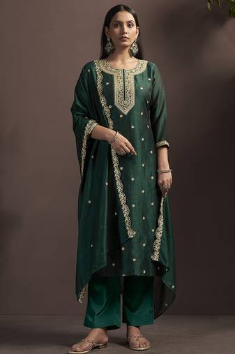 Green embroidered vichitra silk straight