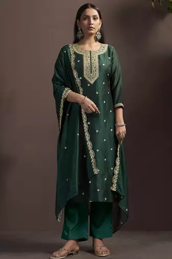 Green embroidered vichitra silk straight