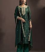 Green embroidered vichitra silk straight