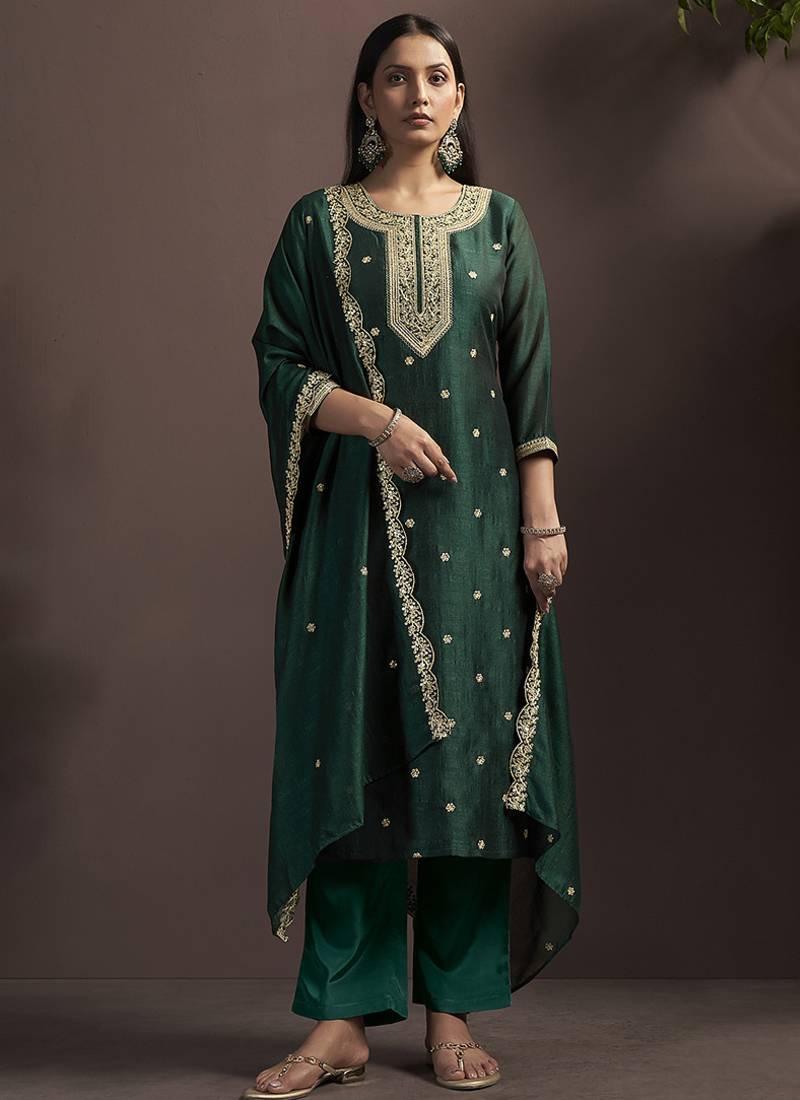 Green embroidered vichitra silk straight
