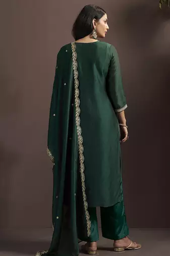Green embroidered vichitra silk straight
