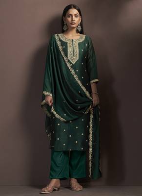 Green embroidered vichitra silk straight 3